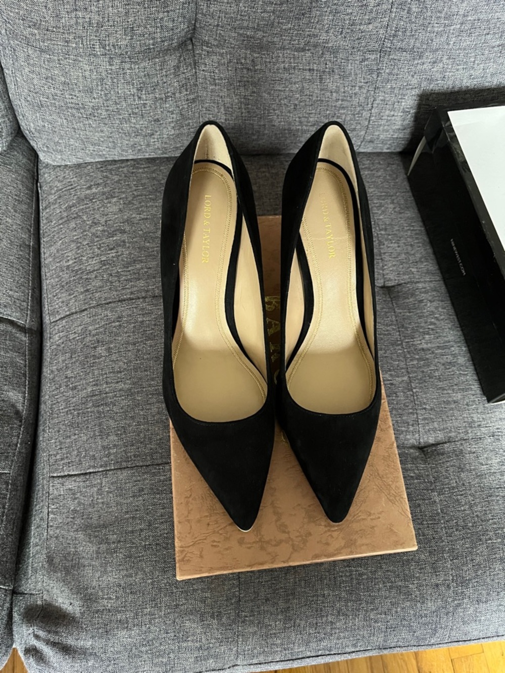 Black Pointed Suede Pumps with Gold Accent Size 10. Heels 3.75 inches. Like new